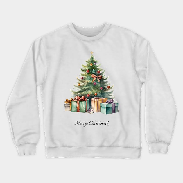 Rainbow Christmas Tree with Presents Watercolor Art Crewneck Sweatshirt by AdrianaHolmesArt